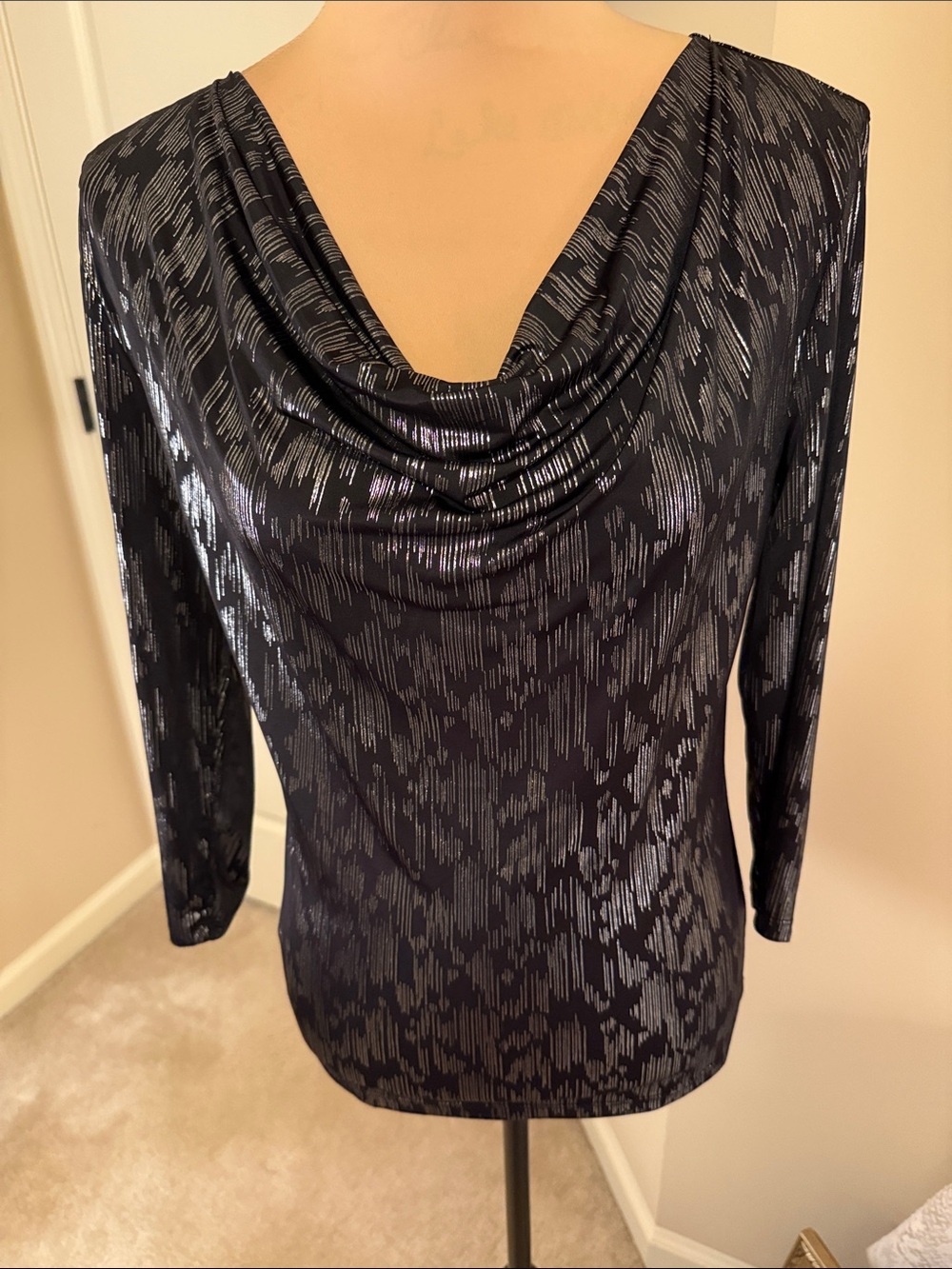 Metallic Black Silver Cowl Neck Top